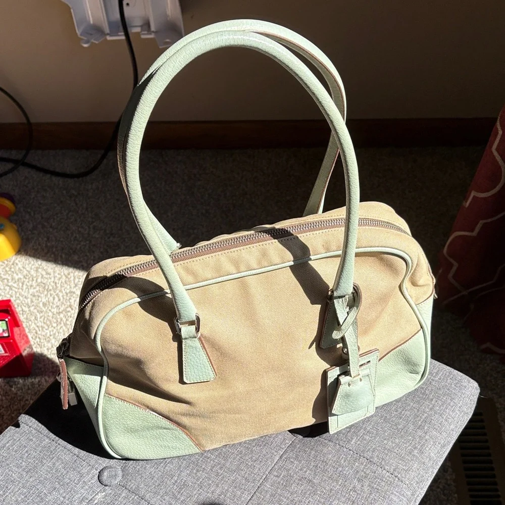 Prada Tan Canvas Shoulder Bag with Sage Green Trim